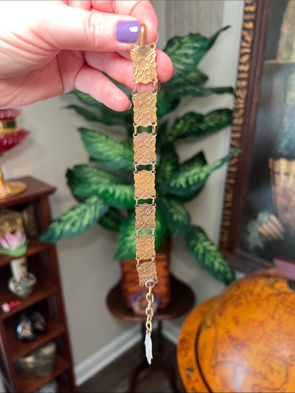 Vintage Czech Turquoise Blue Glass Egyptian Revival Etruscan Gold Panel Bracelet - Picture 7 of 12